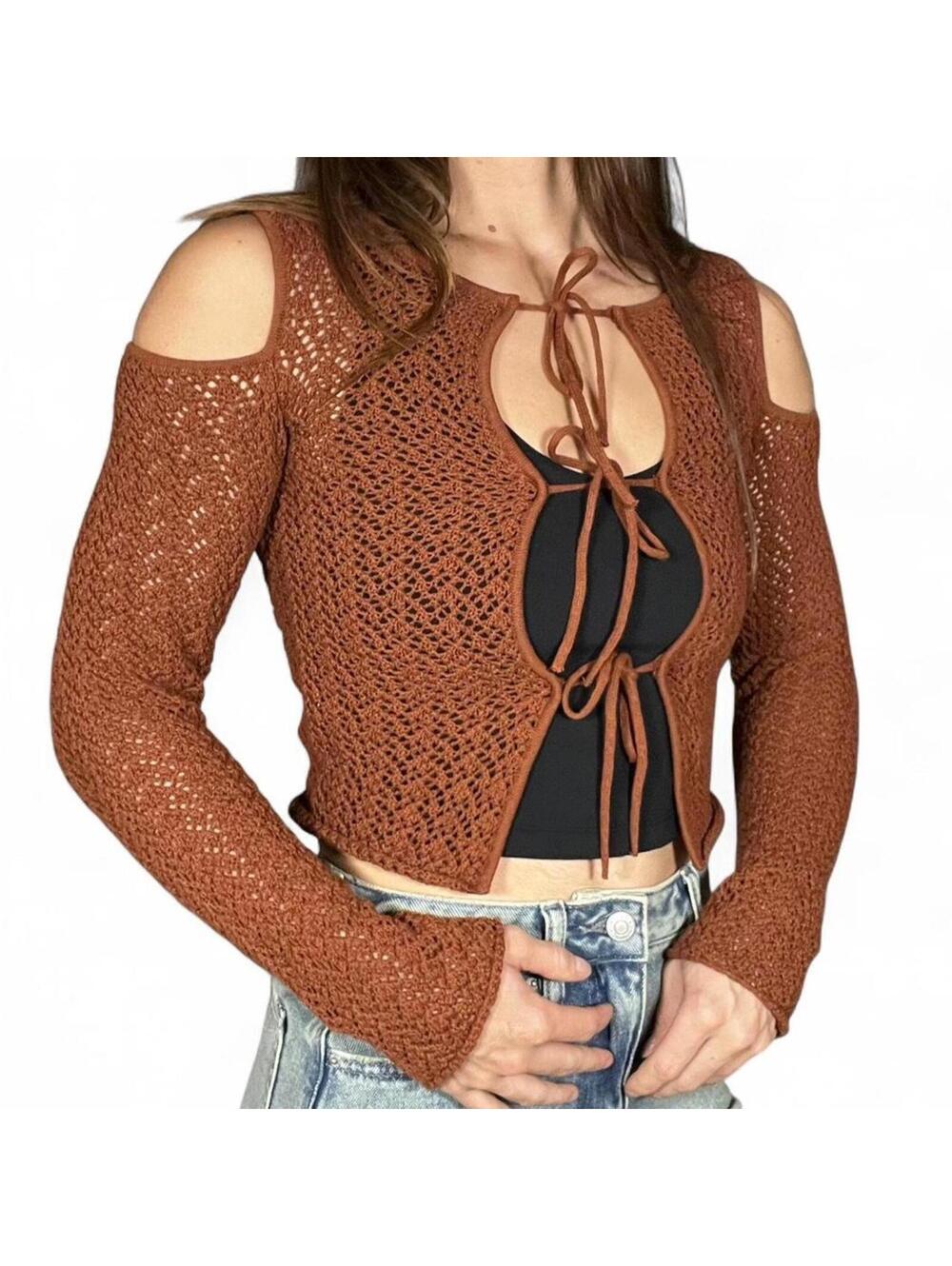 Milk It Brown Tie Front Open Shoulder Cardigan